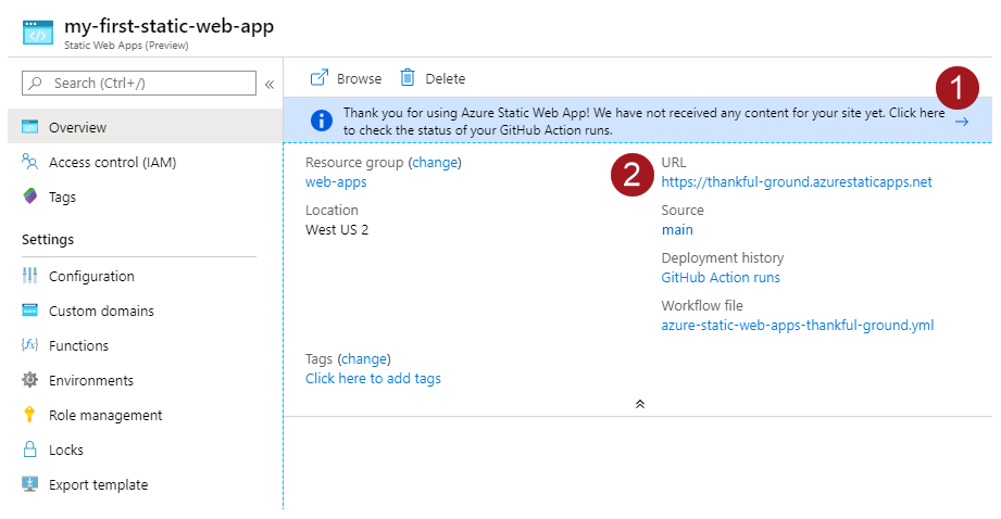Azure Static Web Apps 概觀視窗。