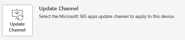 [更新通道] 選項的螢幕快照，用於選取要套用至裝置的 Microsoft 365 應用程式更新通道。