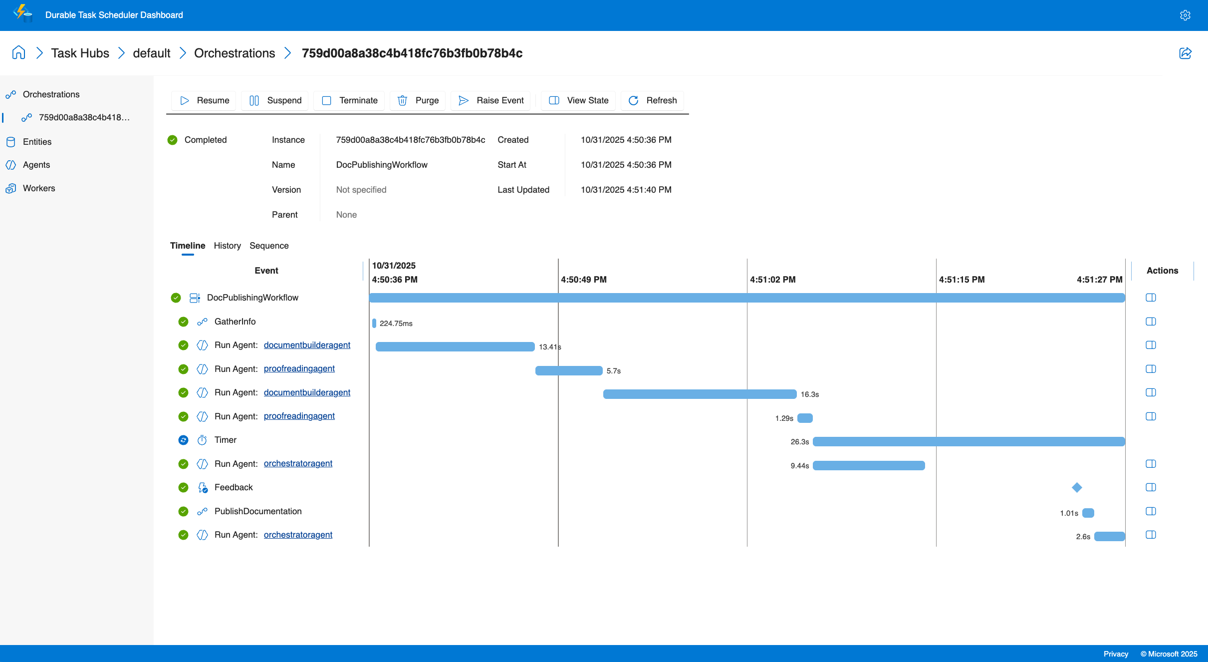 Durable Task Scheduler 儀表板的螢幕擷取畫面，顯示具有多個代理程式互動和工作流程執行的調度流程視覺化。