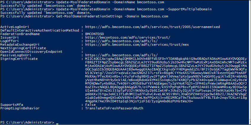 螢幕快照,顯示 PowerShell 中輸入 「Get-MsolDomainFederation 設定」 命令後的結果。