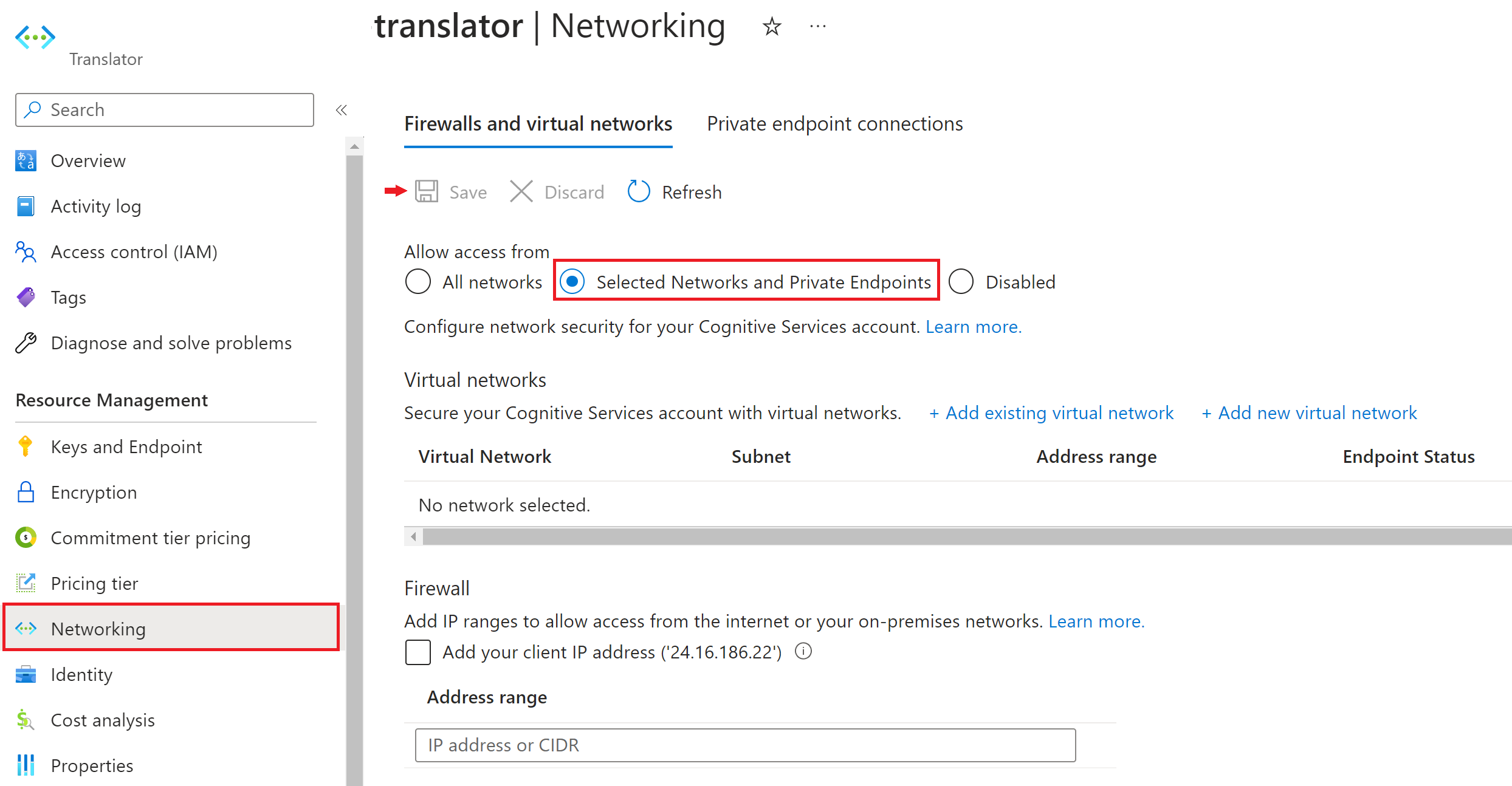 Azure 入口網站 中虛擬網路設定的螢幕快照。