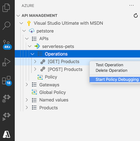 在 Visual Studio Code 中起始原則偵錯工作階段的螢幕擷取畫面。