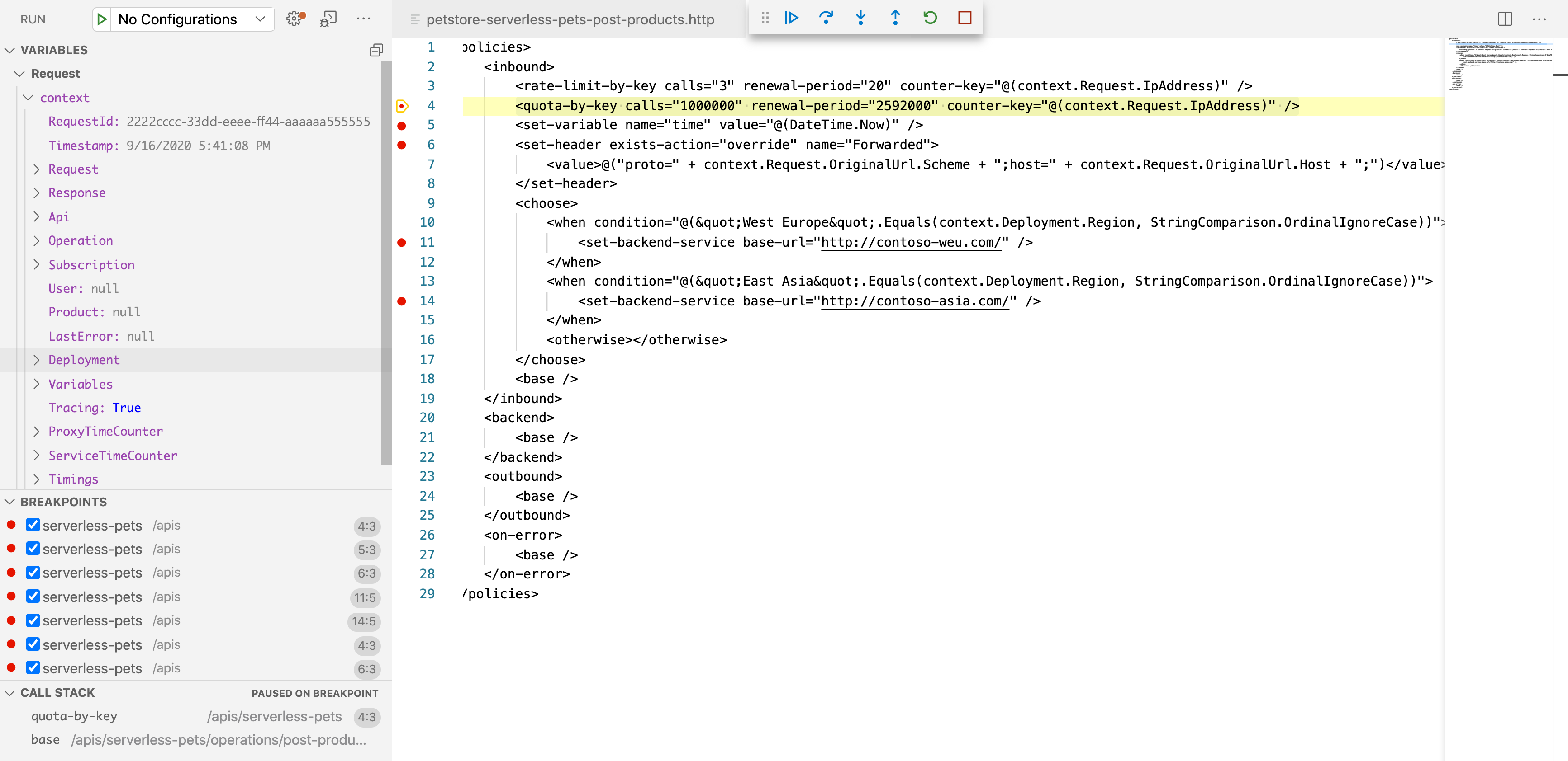 Visual Studio Code 中偵錯視窗的螢幕擷取畫面。