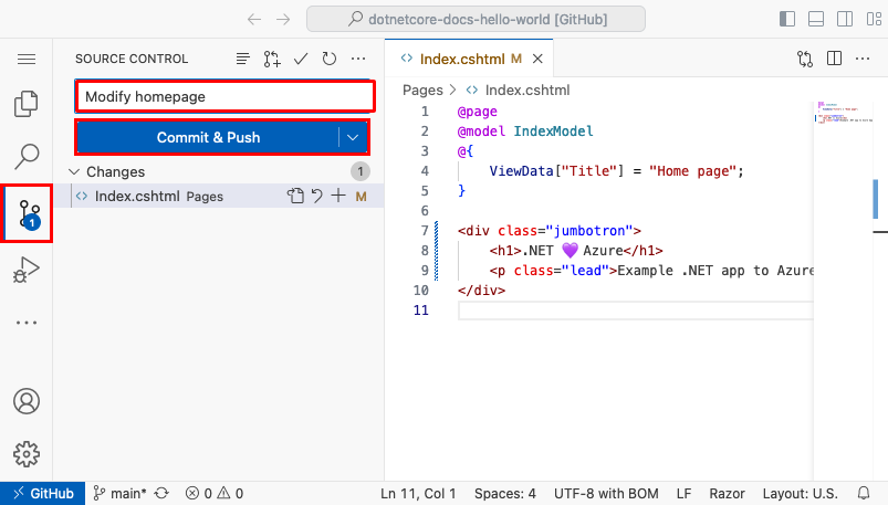 瀏覽器中的 Visual Studio Code 的螢幕擷取畫面，其中 [原始檔控制] 面板具有認可訊息 'We love Azure'，並醒目提示 [認可並推送] 按鈕。