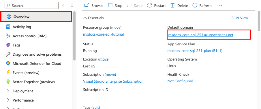 螢幕擷取畫面:顯示如何從 Azure 入口網站啟動 App Service。