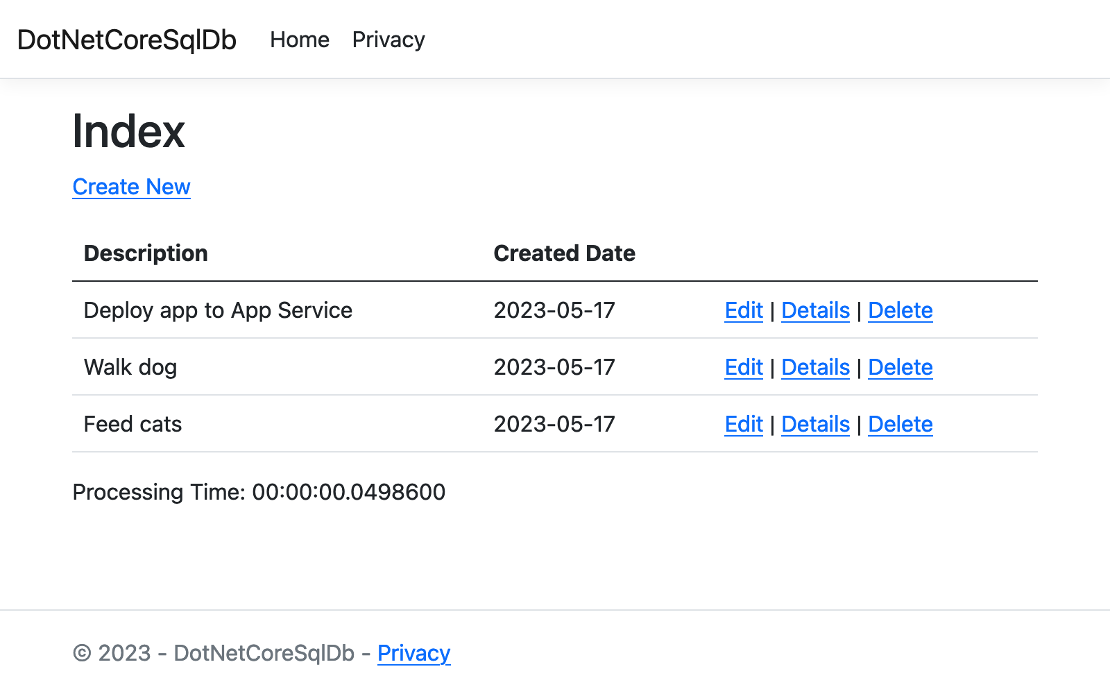 螢幕擷取畫面:顯示 App Service 中執行的 .NET Core 應用程式。