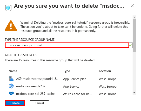 Azure 入口網站中刪除資源群組確認對話方塊的螢幕擷取畫面。