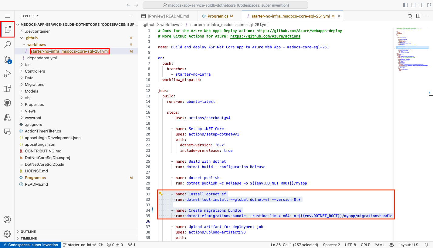 螢幕擷取畫面:顯示 GitHub Codespace 內的 Git 提取。