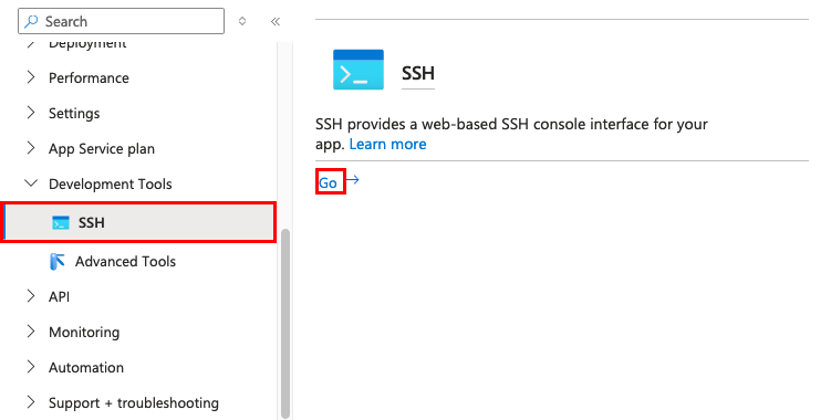 螢幕擷取畫面:顯示如何從 Azure 入口網站開啟您應用程式的 SSH 殼層。
