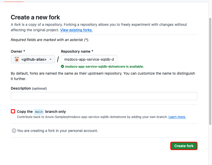 螢幕擷取畫面:顯示如何建立範例 GitHub 存放庫的分支。