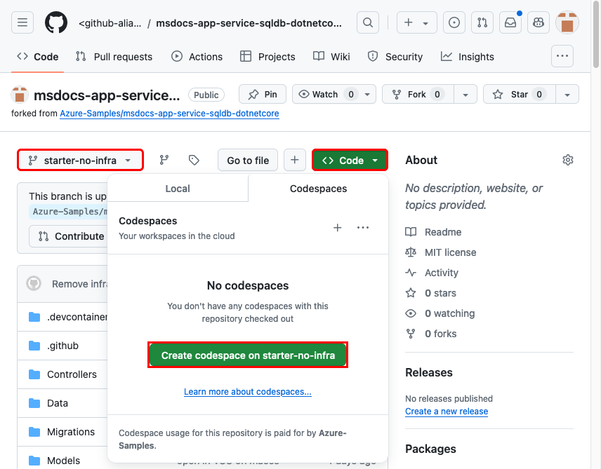 螢幕擷取畫面:顯示如何在 GitHub 中建立 Codespace。