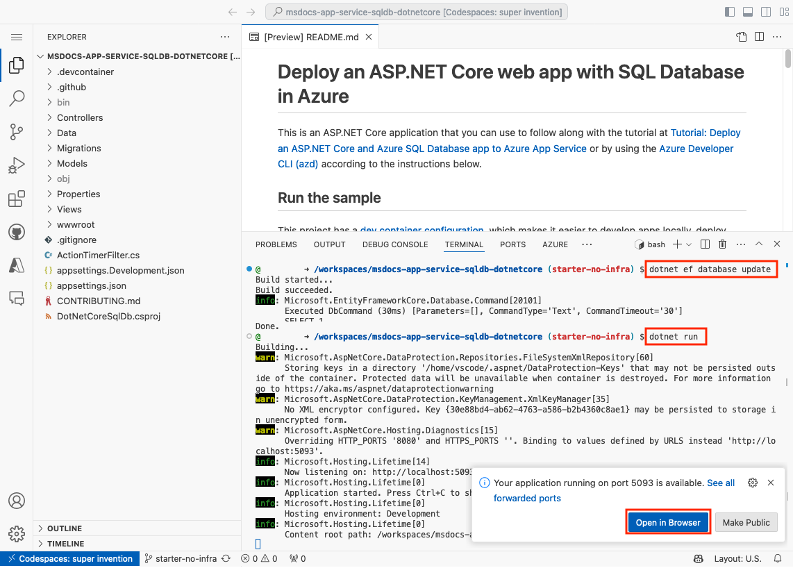 螢幕擷取畫面:顯示如何在 GitHub Codespace 內執行應用程式範例。