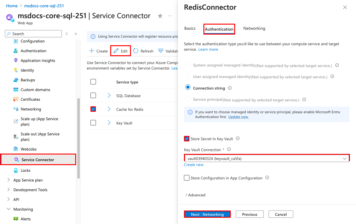 顯示如何使用金鑰保存庫連線編輯 Cache for Redis 服務連接器的螢幕擷取畫面。