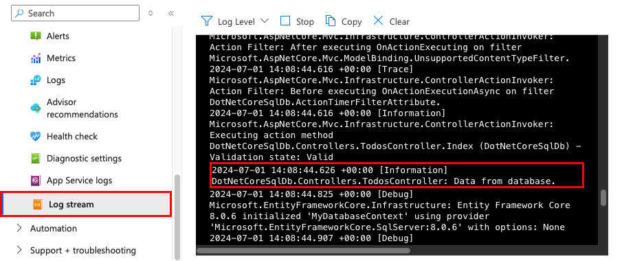 螢幕擷取畫面:顯示如何在 Azure 入口網站中檢視記錄串流。