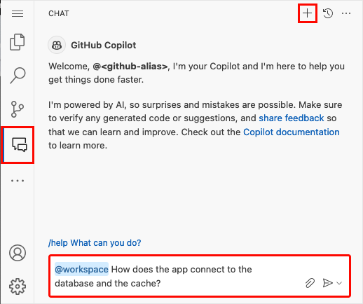 螢幕擷取畫面:顯示如何在新的 GitHub Copilot 聊天工作階段中詢問問題。