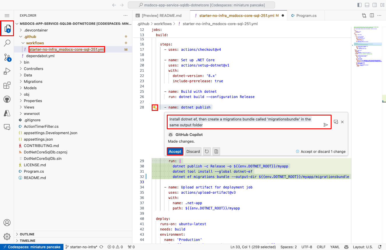 螢幕擷取畫面:顯示在 GitHub 工作流程檔案中使用 GitHub Copilot。