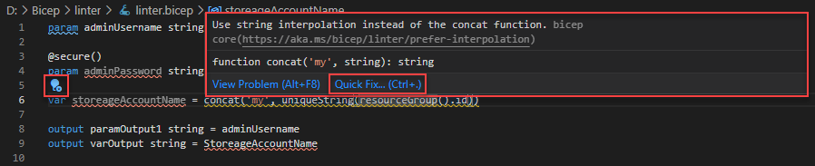 Visual Studio Code 中的 Bicep Linter 使用方式 - 顯示快速修正。