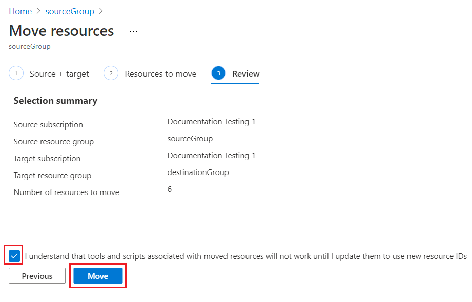 在開始移動作業之前，使用者確認需要更新工具和腳本的 Azure 入口網站 螢幕快照。