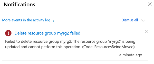 Azure 入口網站 的螢幕快照，其中顯示嘗試刪除進行中移動作業所涉及的資源群組時的錯誤訊息。