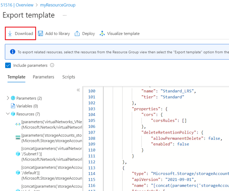 Screenshot of download button for exported ARM template in Azure portal.