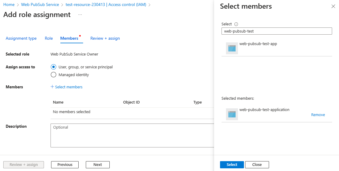 Screenshot of assigning role to service principals.