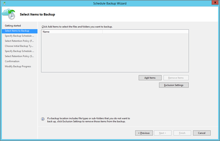 Screenshot shows how to add items for back up.