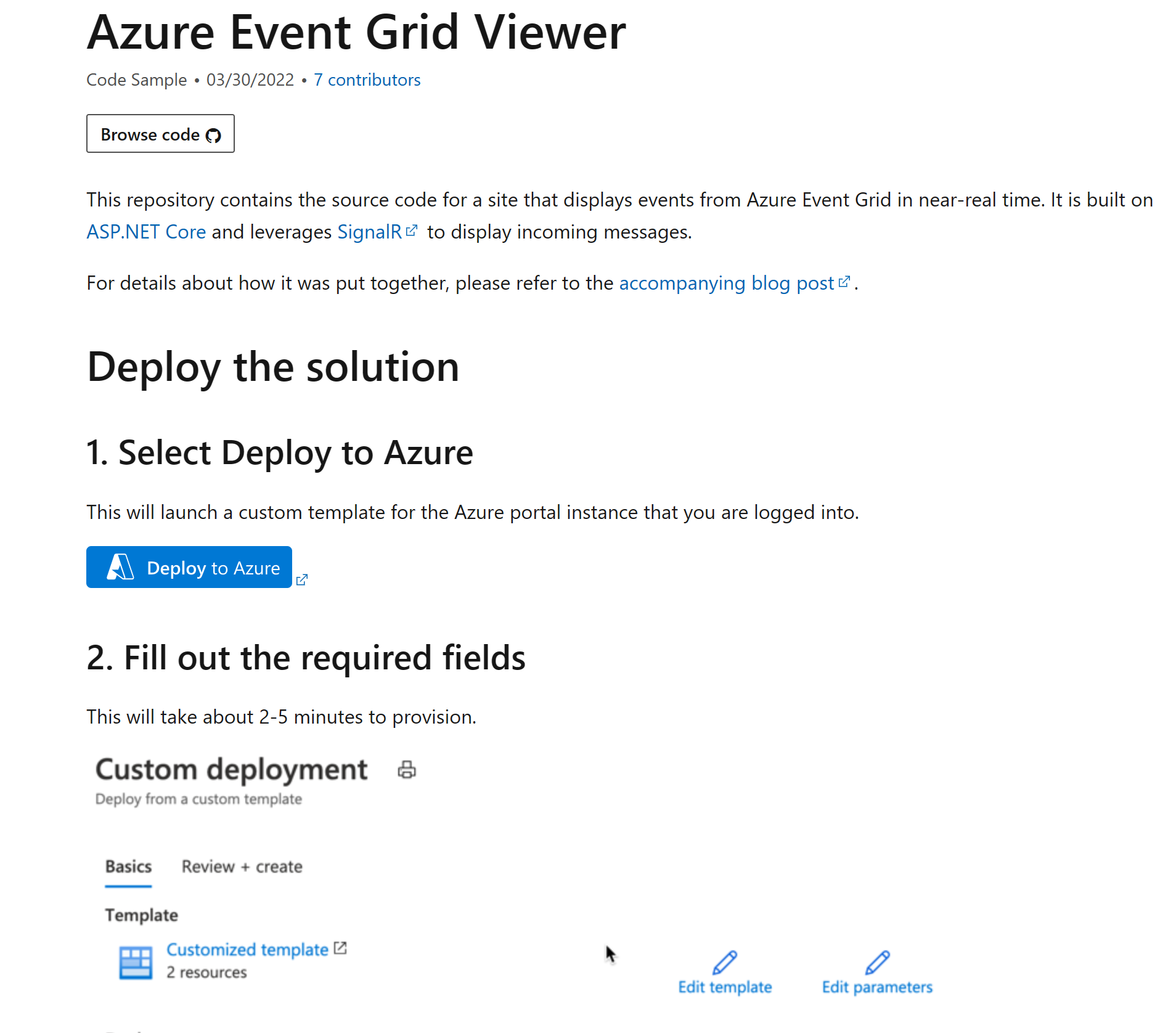 Screenshot that shows the Event Grid Viewer Sample Page with Deploy To Azure option.