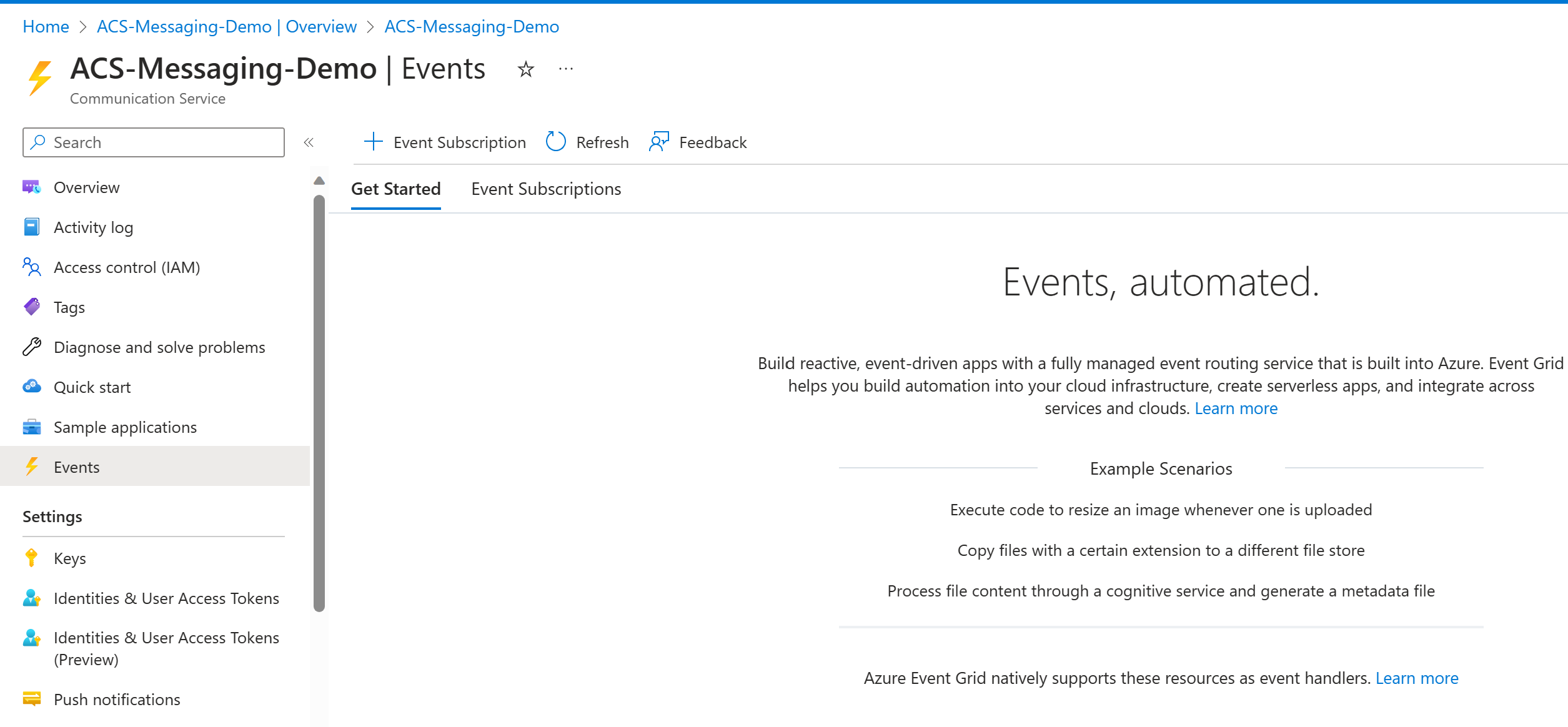 Screenshot that shows Azure Communication Services Events subscription option and allows you to subscribe to Advanced Messaging events.