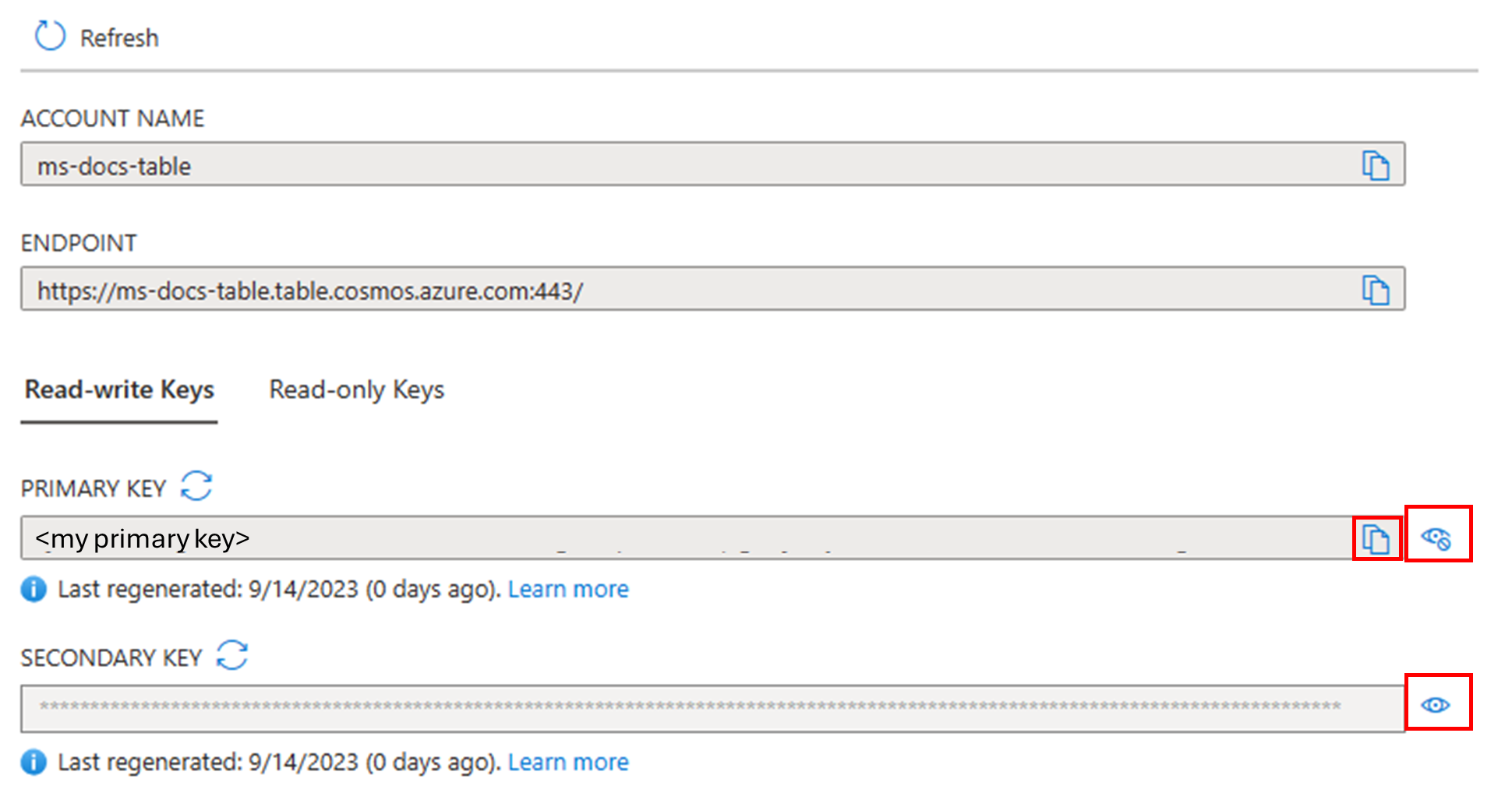 Azure Cosmos DB 的檢視帳戶金鑰的螢幕擷取畫面。