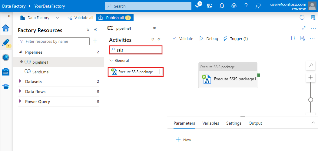 將執行 SSIS 封裝活動拖曳至設計工具介面