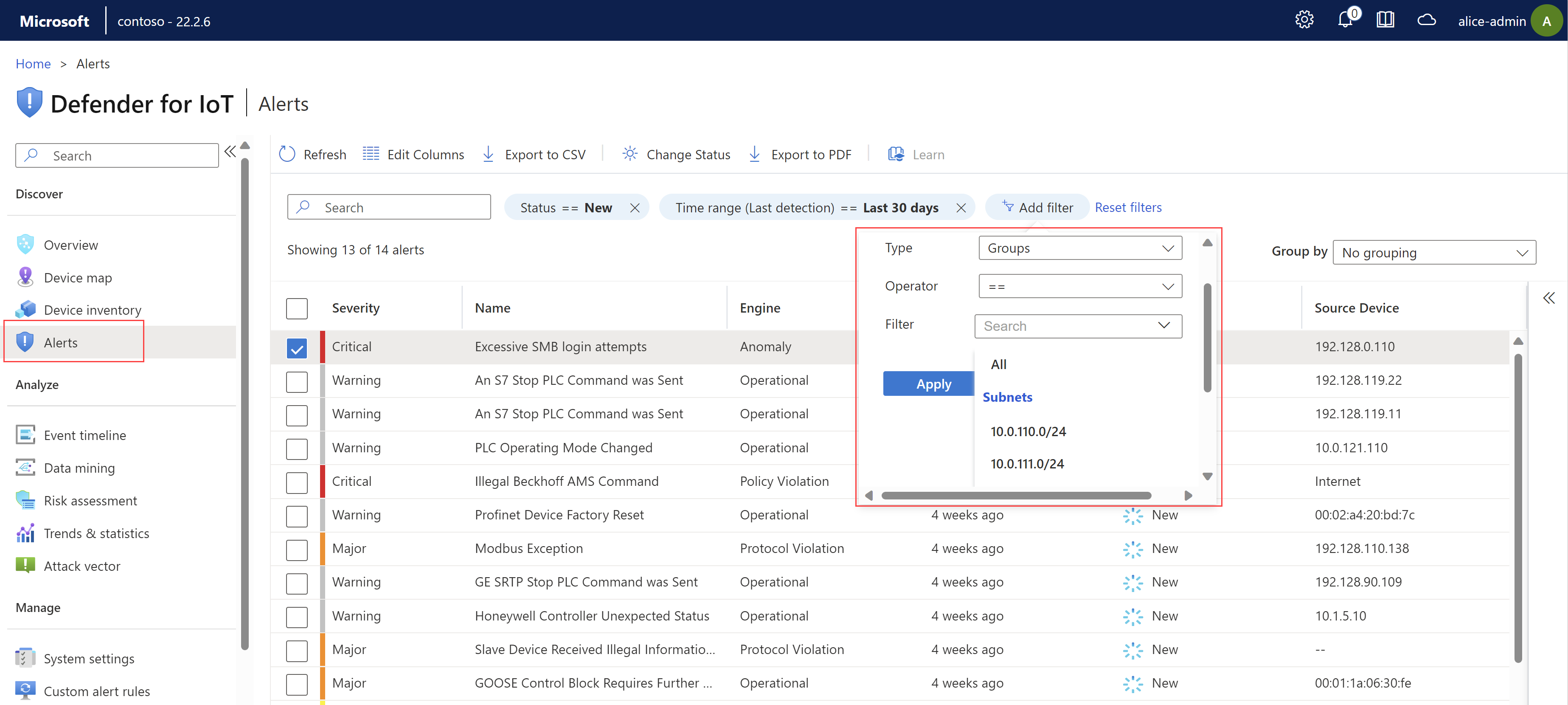 Screenshot of an OT sensor Alerts page being filtered by Groups.