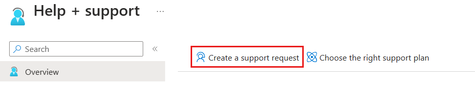 Screenshot of the Help + support page, highlighting Create a support request.