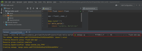 一張 PyCharm IDE 的截圖，搭配 Azure CLI 指令部署網頁應用程式。