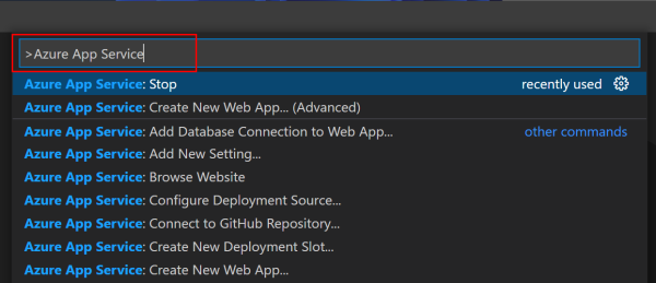Visual Studio Code 中 App Service 命令面板的截圖。