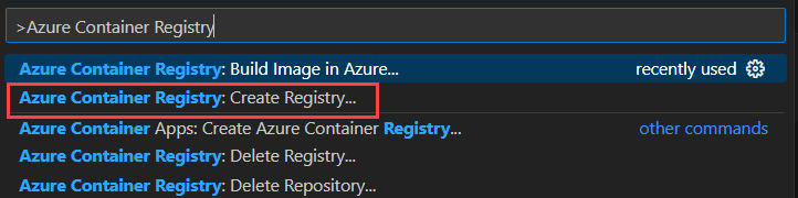 顯示如何在Visual Studio Code 中搜尋工作以建立新 Azure Container Registry 實例的螢幕快照。
