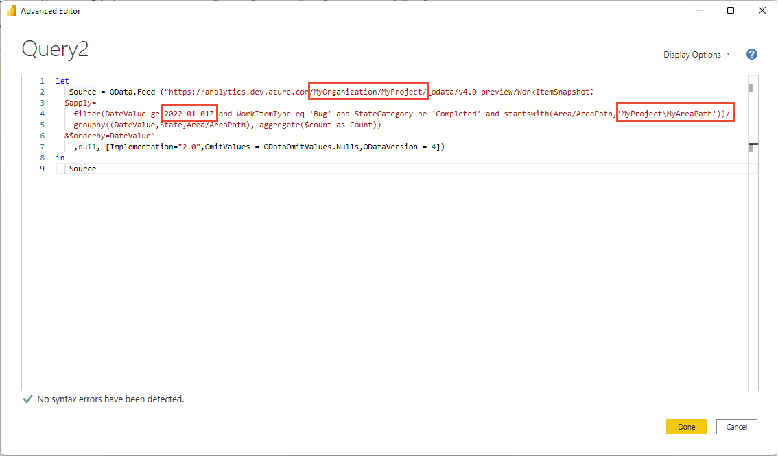 Power BI 貼上查詢 進階編輯器 螢幕快照。