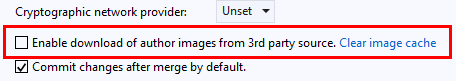 此螢幕快照顯示複選框，以在 Visual Studio 2019 的 Team Explorer 中啟用從第三方來源下載作者影像。