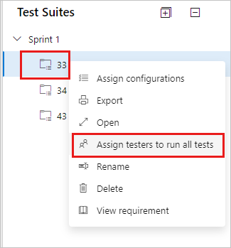顯示 [指派測試人員以在測試套件操作功能表中執行所有測試] 選項的螢幕快照。