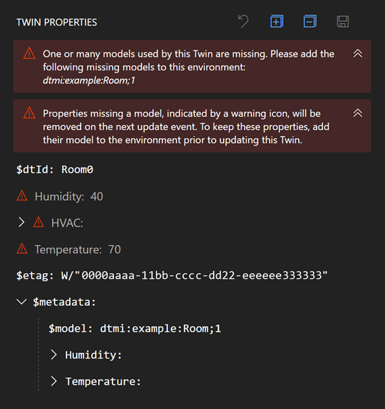 Azure Digital Twins Explorer 對應項屬性面板的螢幕快照,其中顯示兩個錯誤訊息。一個錯誤表示模型遺失,另一個錯誤則表示屬性遺漏模型。