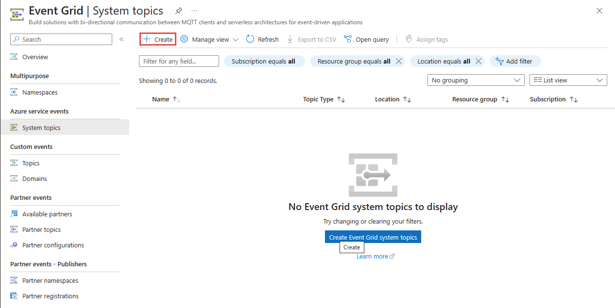 Screenshot that shows in the Event Grid System Topics page with the Create button selected.