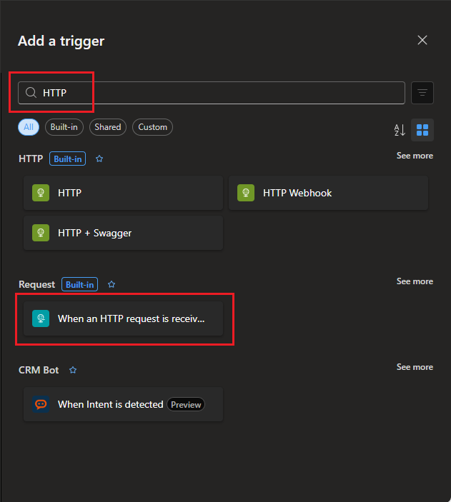 Select HTTP request trigger
