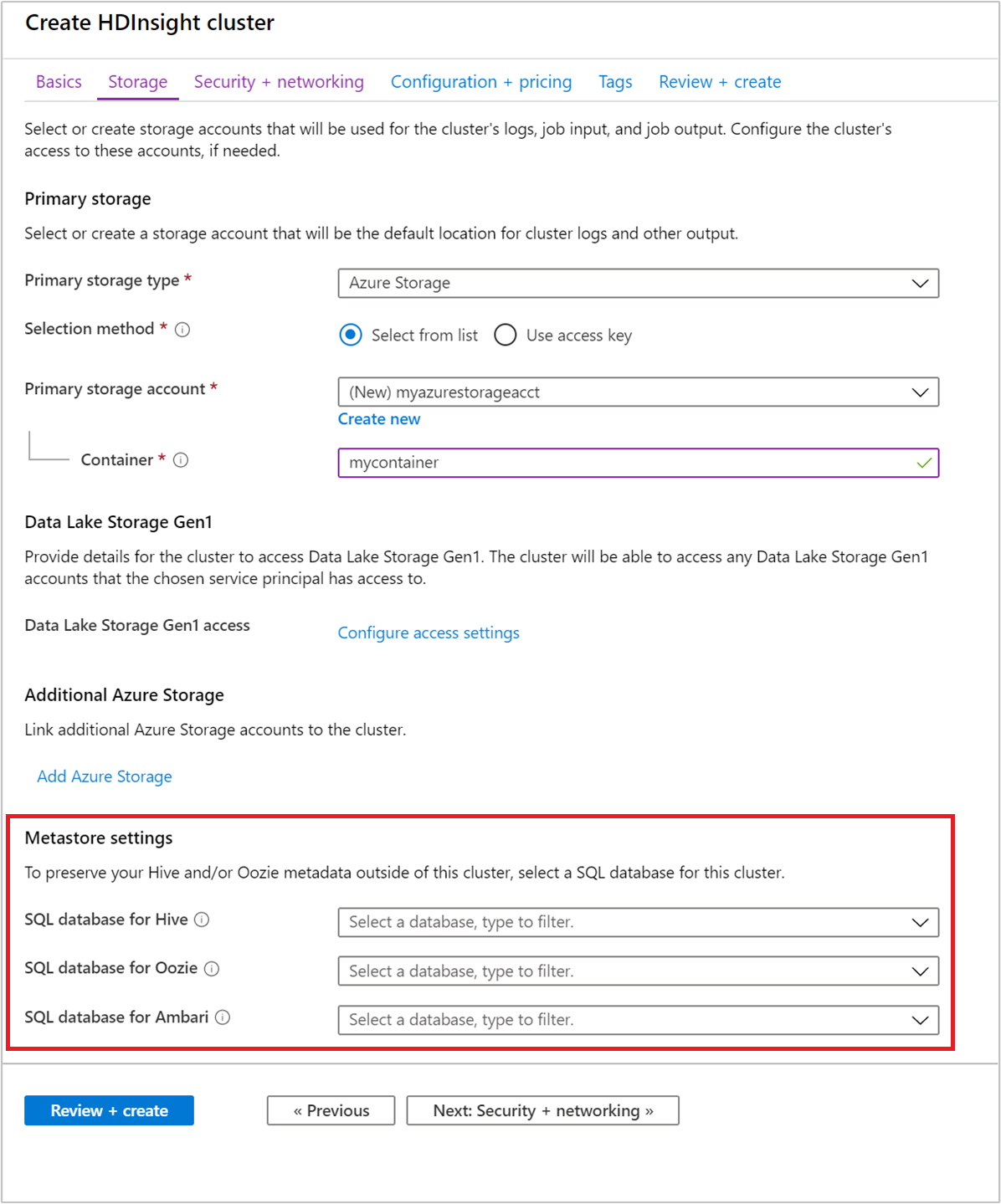 HDInsight Hive 中繼資料存放區 Azure 入口網站。