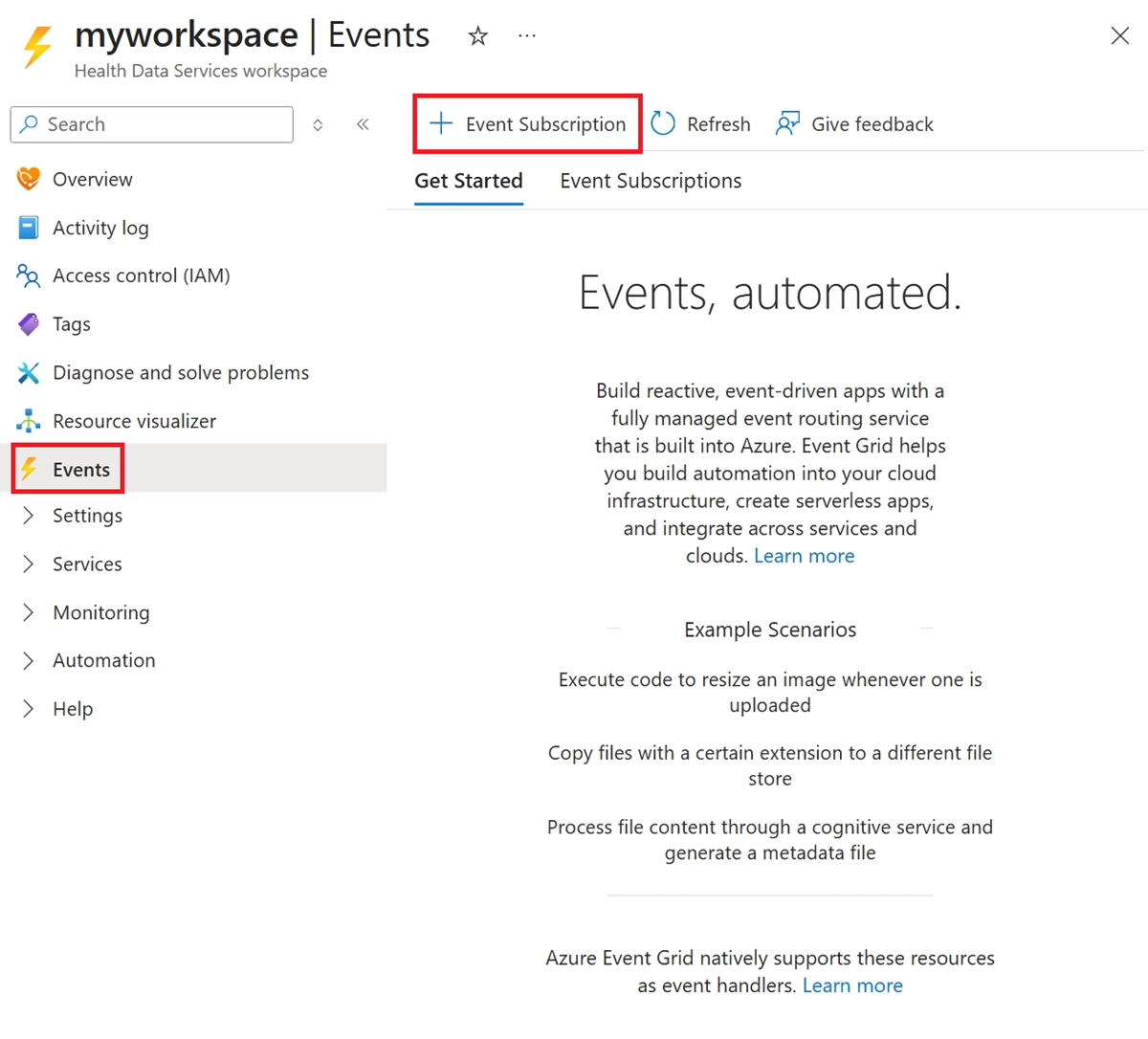 Screenshot of workspace and select Events button.