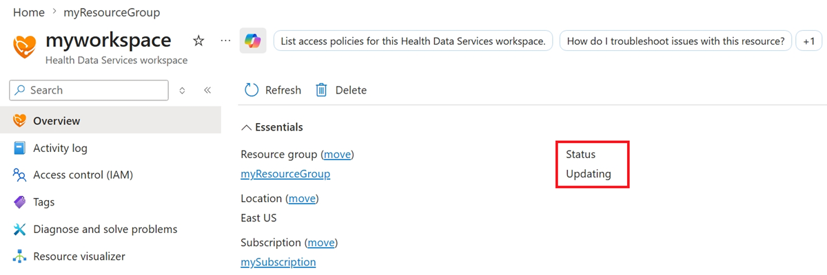 Screenshot of an events subscription successfully deployed.