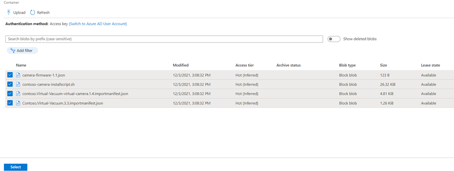 Screenshot that shows sample files uploaded to update cameras connected to a smart vacuum cleaner device.