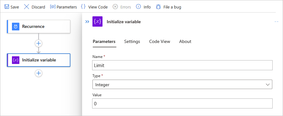 顯示 Azure 入口網站、標準工作流程和名為 Initialize 變數內建動作參數的螢幕擷取畫面。