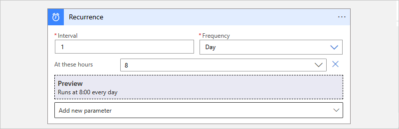 顯示已設定 Azure 入口網站、取用工作流程和 [週期] 觸發程序參數的螢幕擷取畫面。