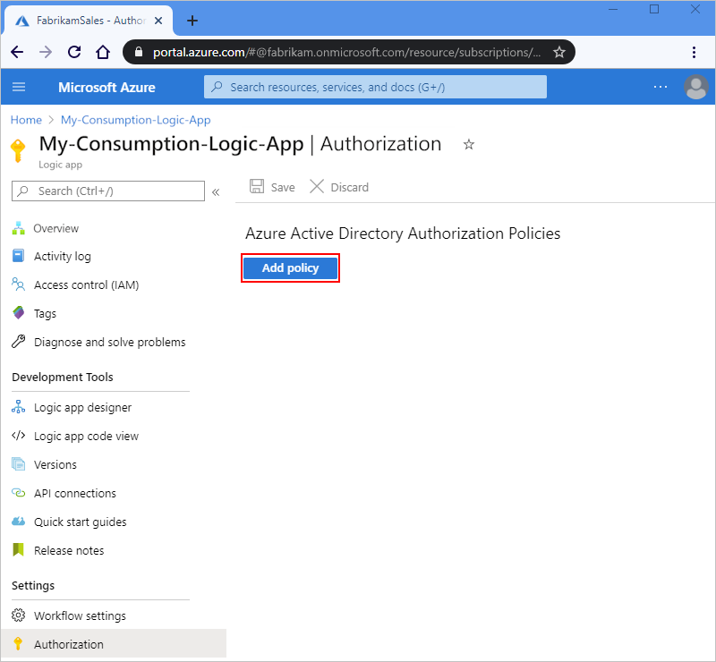 螢幕擷取畫面顯示 Azure 入口網站、取用邏輯應用程式功能表、[授權] 頁面，以及用於新增原則的已選取按鈕。