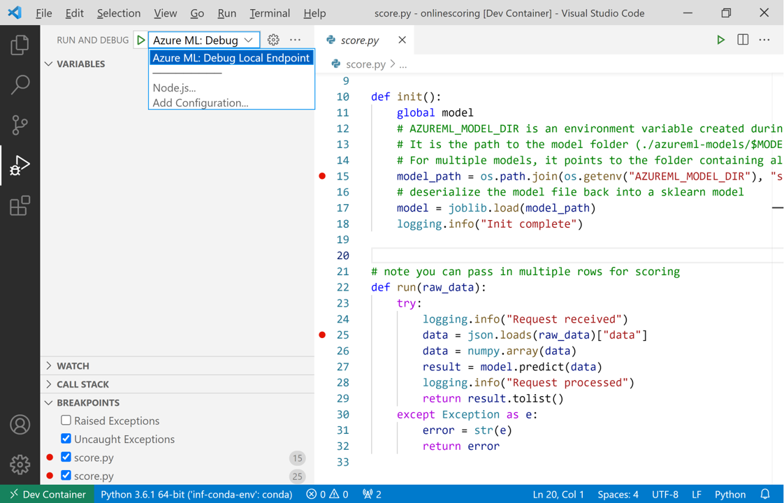 顯示如何設定 Azure Machine Learning 偵錯本機環境偵錯設定檔的螢幕擷取畫面。