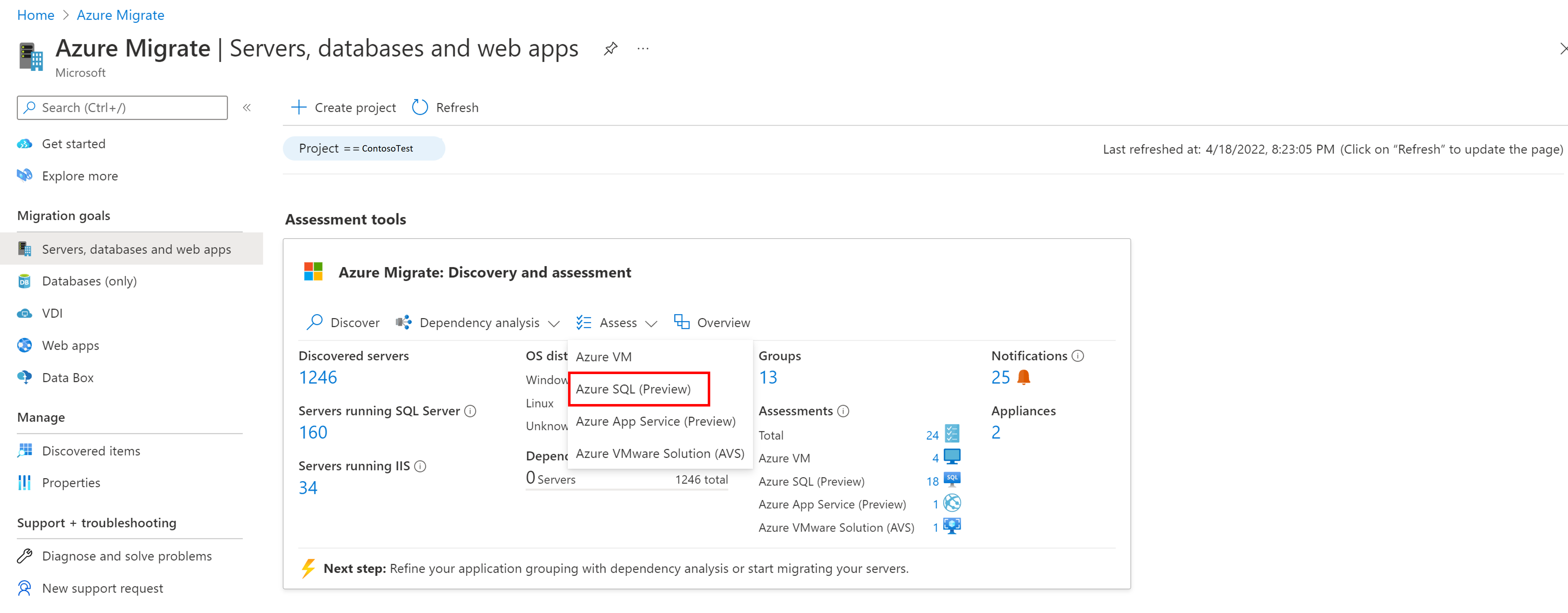 選擇「Azure SQL」作為評定類型的下拉式清單螢幕快照。